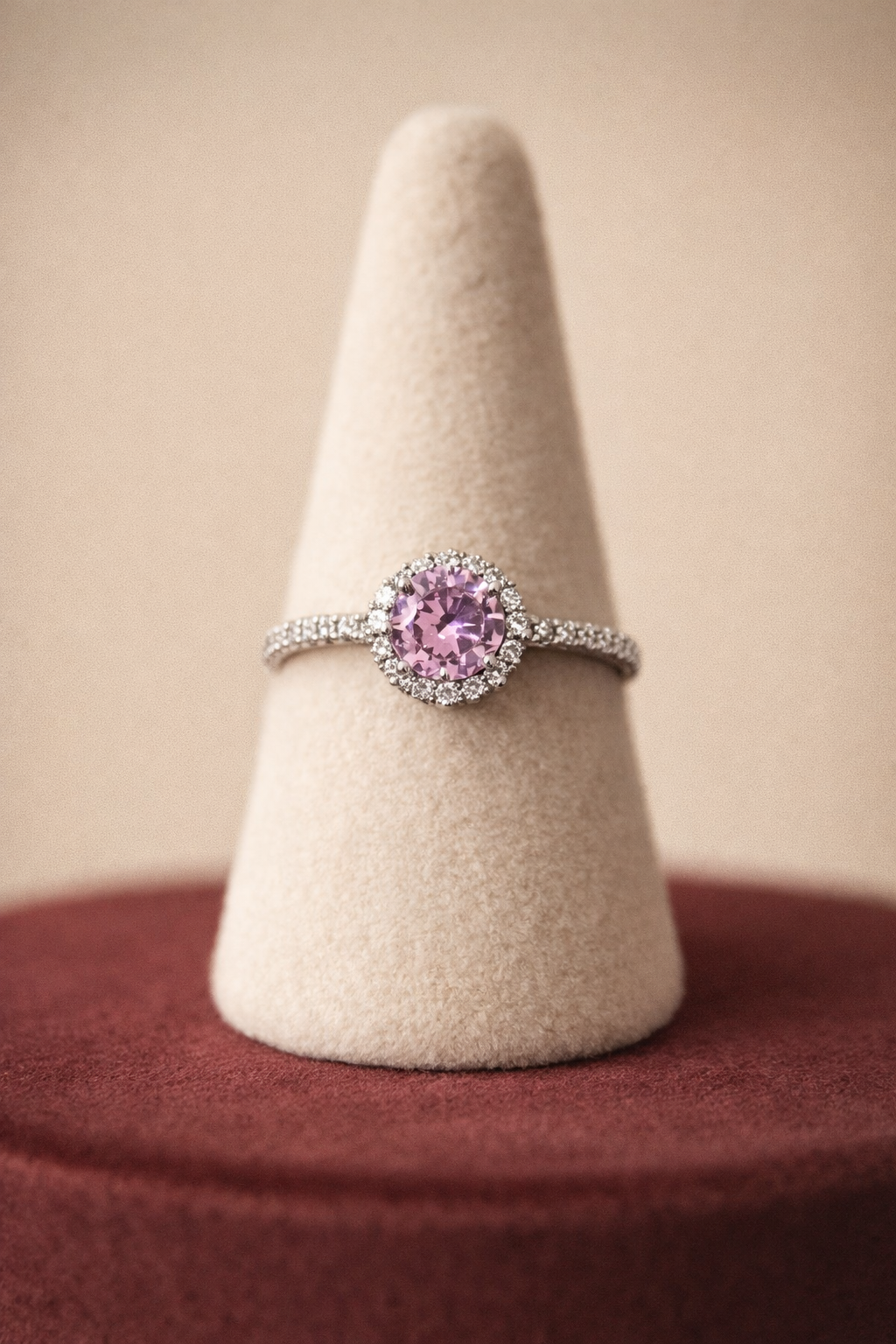 Classic Pink Halo Zircon Silver-Plated Engagement Ring