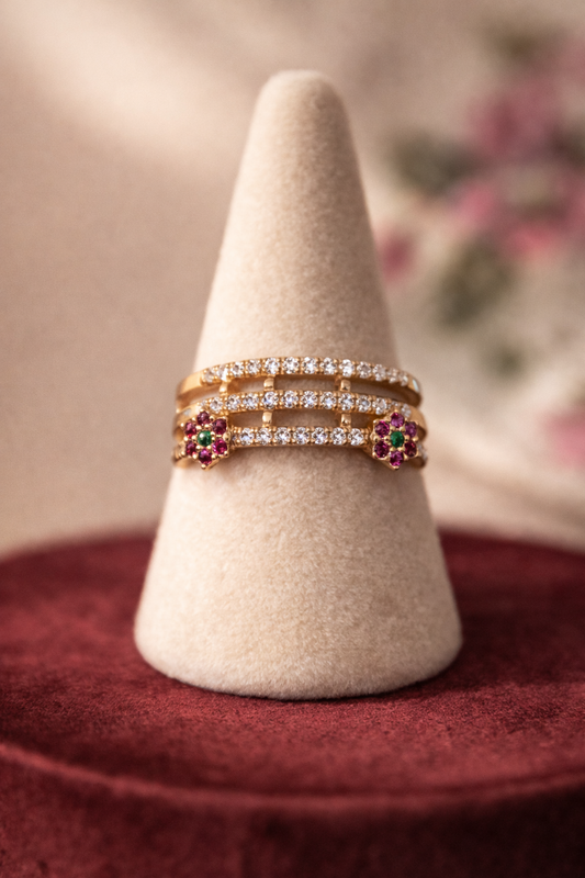 Luxury Triple Band Multicolor Zircon Gold-Plated Statement Ring
