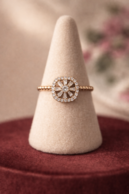 Elegant Halo Sunburst Zircon Rose Gold-Plated Statement Ring