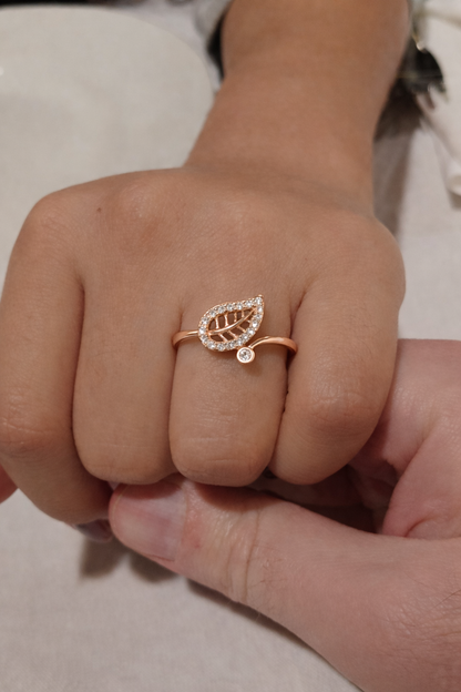 Elegant Leaf Design Adjustable Rose Gold Ring with Zircon Stones
