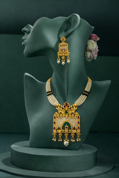 Classic Temple Pearl Necklace Set with Heritage Pendant & Earrings