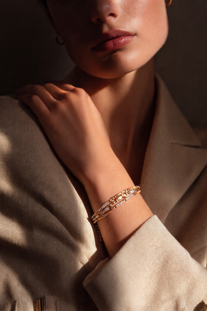 Stylish Dual-Tone Star Charm Beaded Multi-Layer Adjustable Bracelet for Women