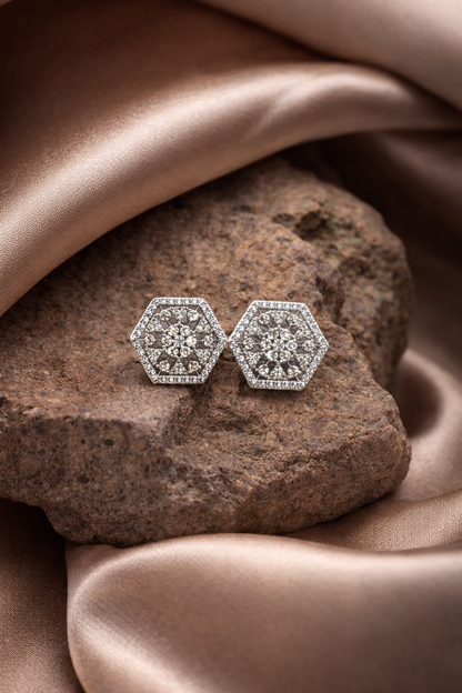 Elegant Hexagon Crystal Stud Earrings – Silver Designer Geometric Zircon Studs