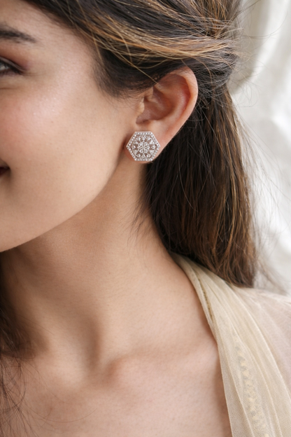 Elegant Hexagon Crystal Stud Earrings – Silver Designer Geometric Zircon Studs