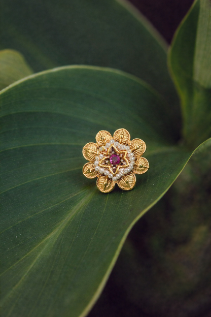 Ruby Stone Floral Gold Ring with Pearl Accents – Traditional Elegant Design