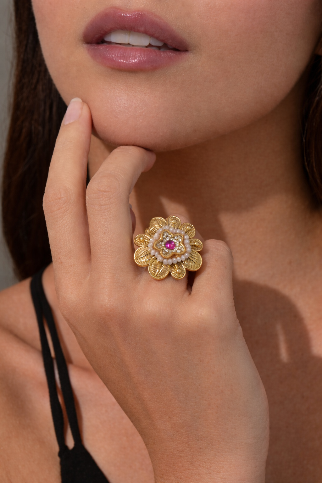 Ruby Stone Floral Gold Ring with Pearl Accents – Traditional Elegant Design