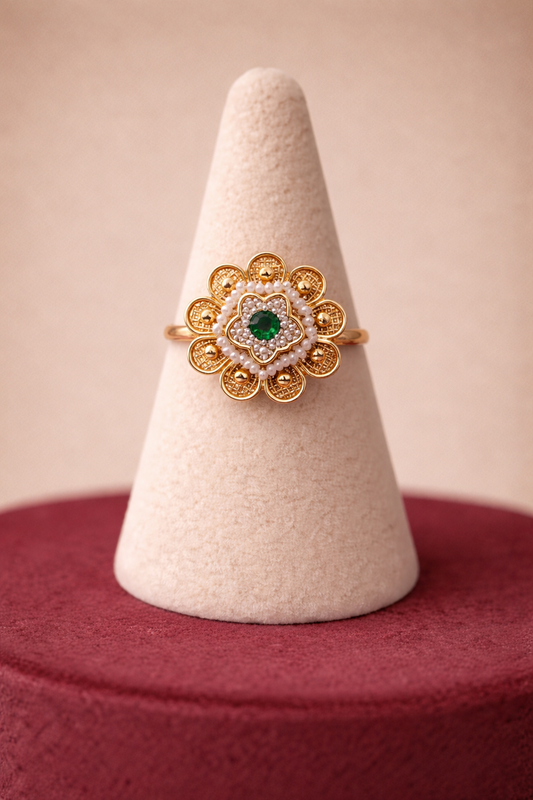 Emerald Green Stone Floral Gold Ring with Pearl Detailing