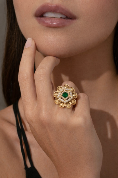 Emerald Green Stone Floral Gold Ring with Pearl Detailing