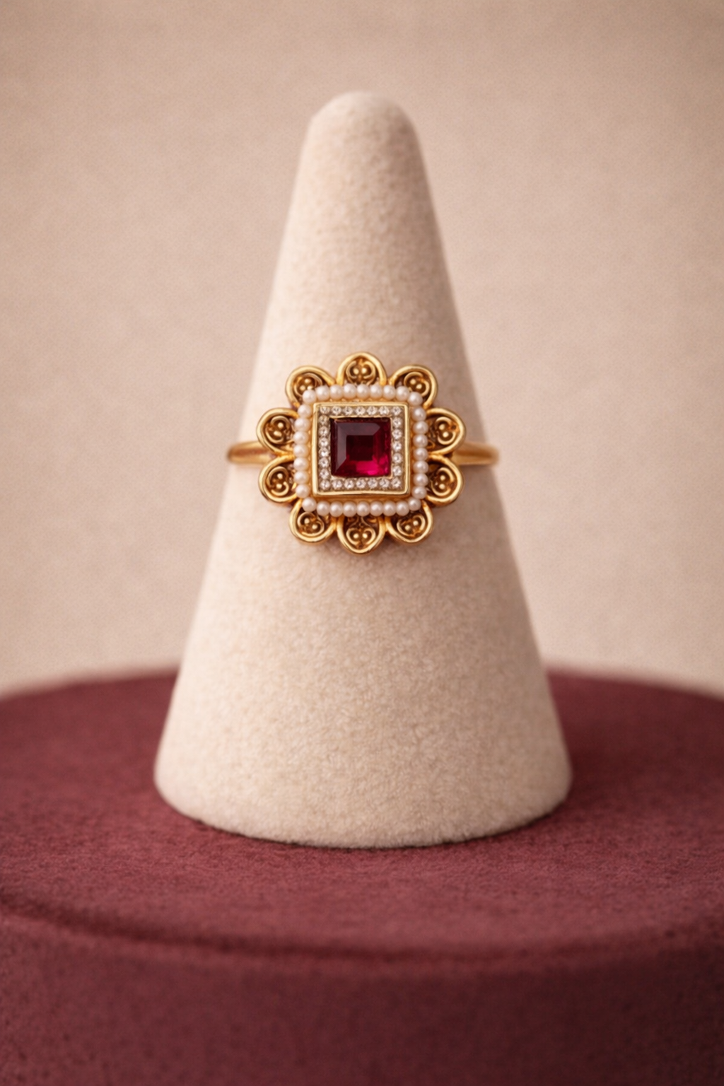 Ruby Pearl Floral Gold Ring – Vintage Square Gemstone Statement Ring