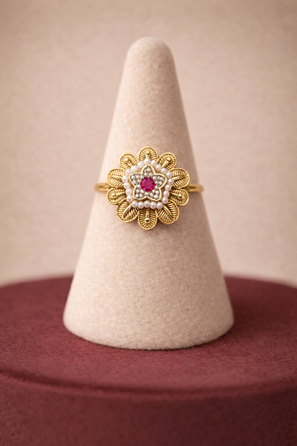 Royal Floral Gold Ring with Ruby Stone & Pearl Detailing