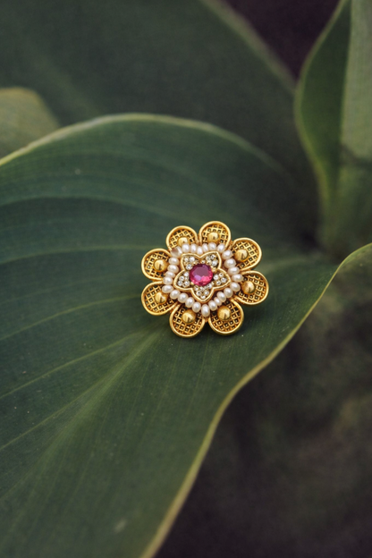 Elegant Floral Gold Ring with Ruby Stone and Pearl Border