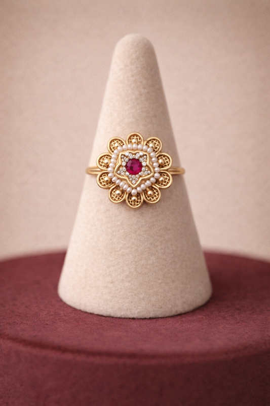Elegant Floral Gold Ring with Ruby Stone and Pearl Border