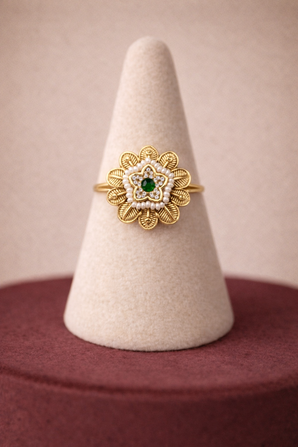 Elegant Floral Gold Ring with Green Stone and Pearl Detailing
