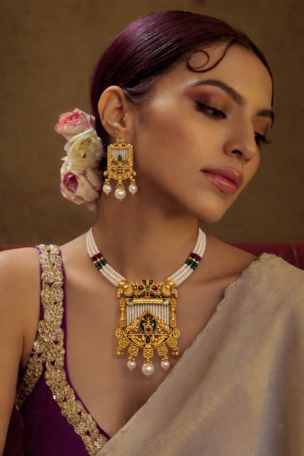 Heritage Temple Pearl Necklace Set with Peacock Motif Pendant & Earrings