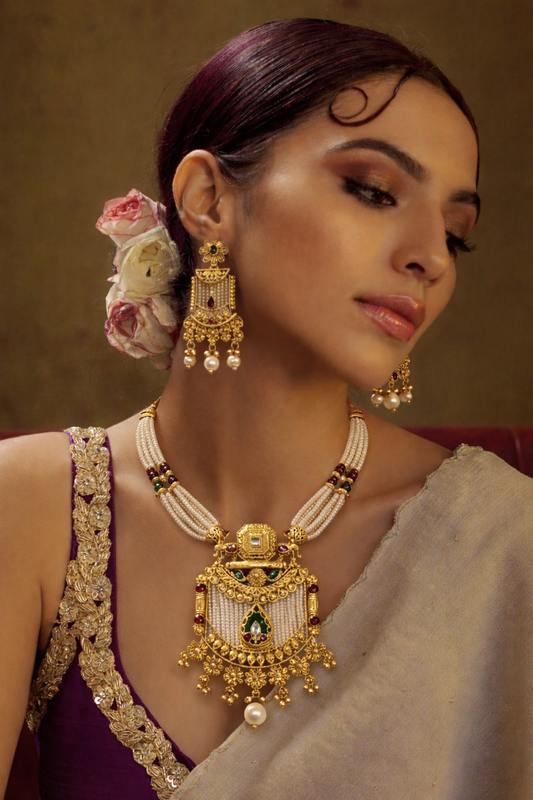 Royal Heritage Pearl & Temple Pendant Necklace Set with Earrings