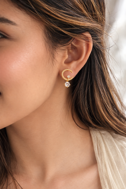 Elegant Gold Crescent Drop Earrings – Crystal Designer Minimal Danglers