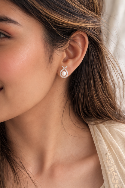 Elegant Pearl Drop Stud Earrings – Crystal Teardrop Designer Earrings
