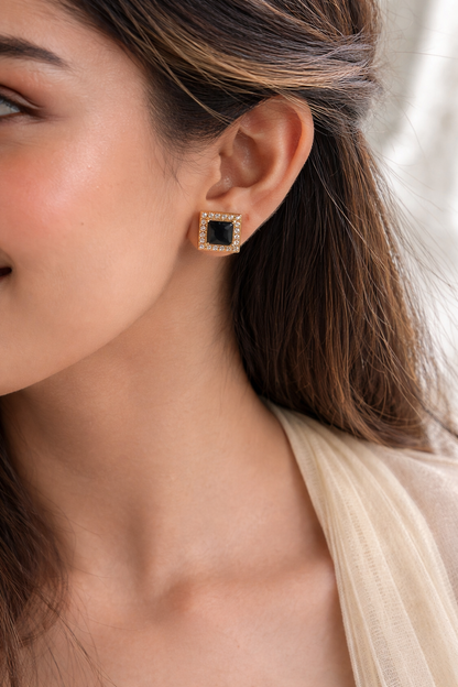 Elegant Black Stone Square Stud Earrings – Gold Plated Crystal Border Designer Studs