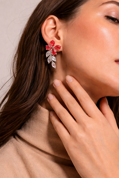 Elegant Floral Crystal Drop Earrings – Silver Finish