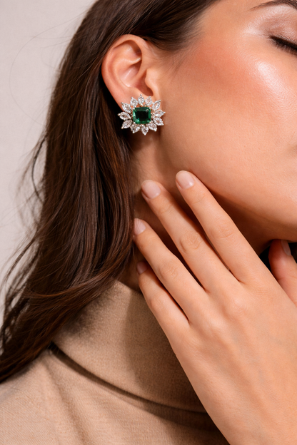 Classic Crystal Floral Stud Earrings – Silver Finish