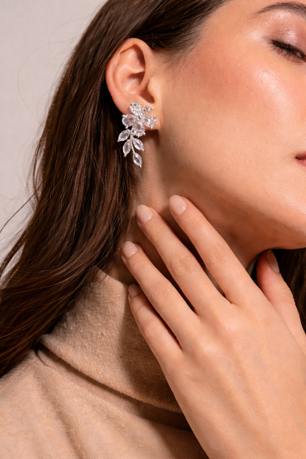 Elegant Floral Crystal Drop Earrings – Silver Finish