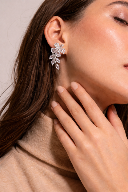 Elegant Floral Crystal Drop Earrings – Silver Finish