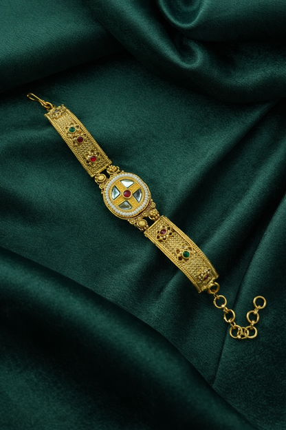 Classic Heritage Gold Bracelet with Kundan & Ruby-Emerald Accents