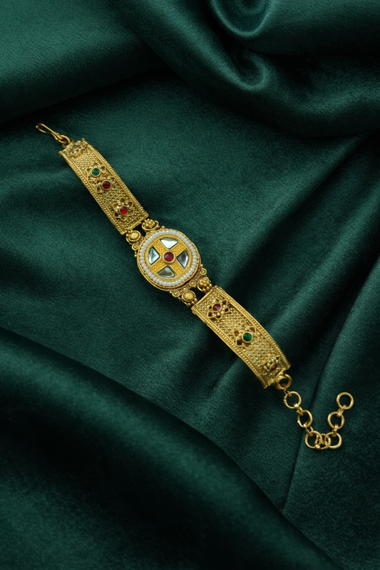 Classic Heritage Gold Bracelet with Kundan & Ruby-Emerald Accents