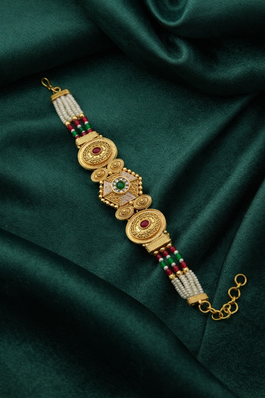 Royal Pearl Beaded Gold Bracelet with Ruby & Emerald Center Design