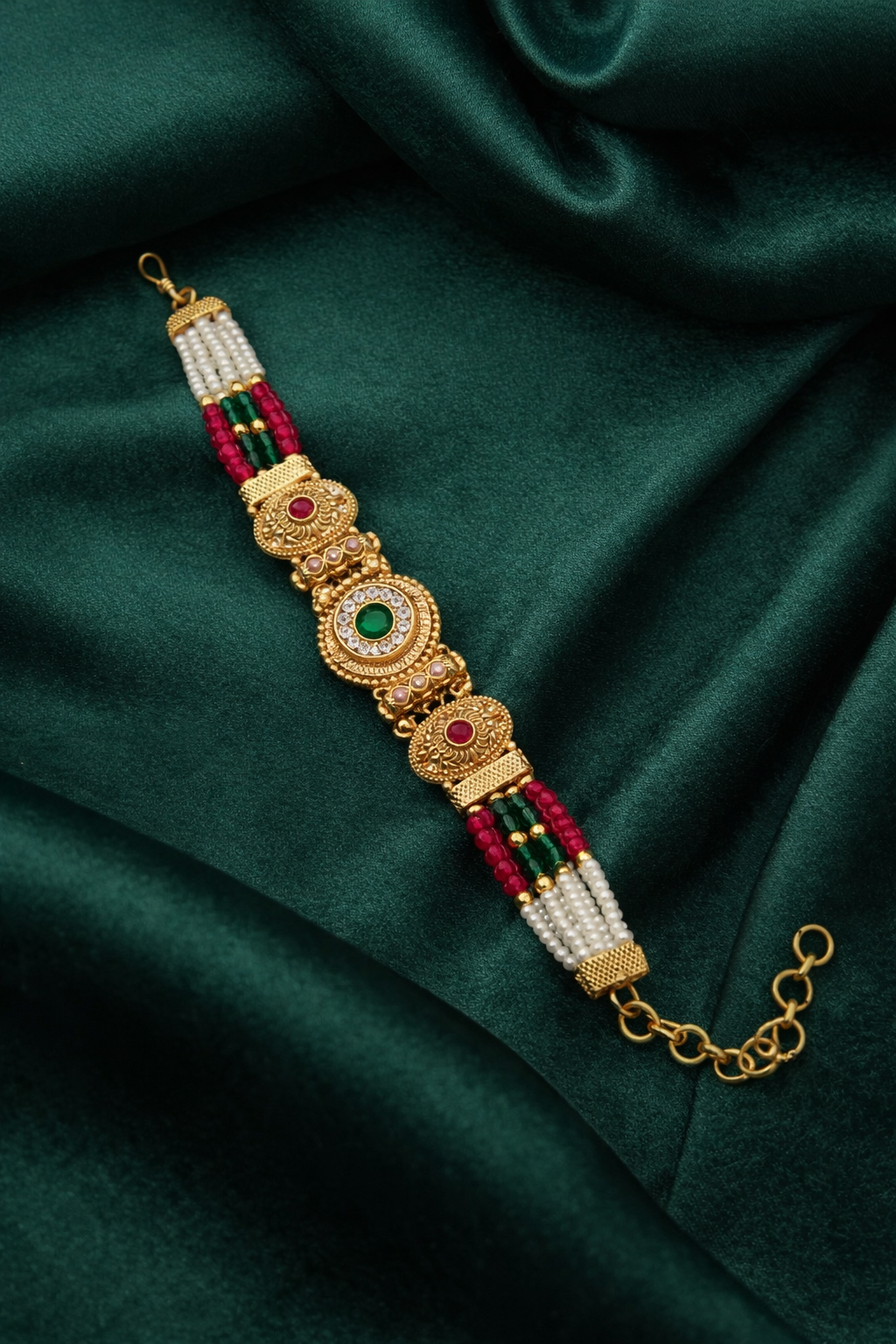Traditional Pearl Beaded Gold Bracelet with Ruby & Emerald Stone Design