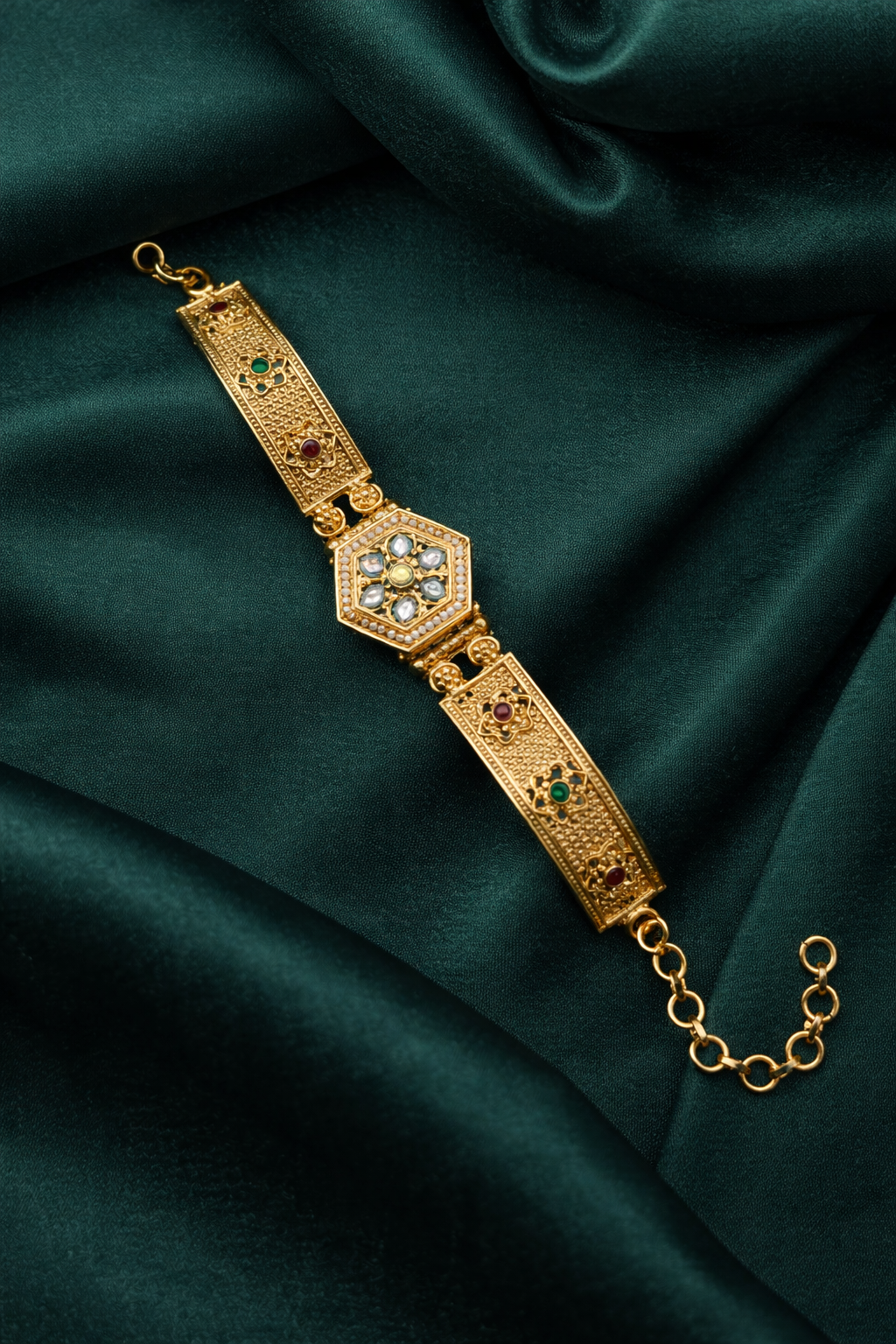 Classic Kundan Floral Gold Bracelet with Ruby & Emerald Accents  Product Description: