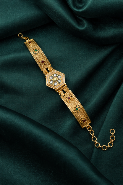 Classic Kundan Floral Gold Bracelet with Ruby & Emerald Accents  Product Description: