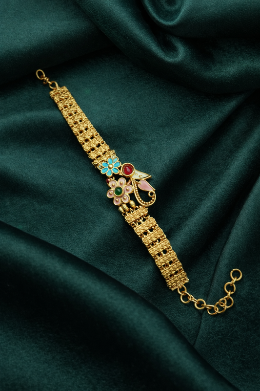 Elegant Floral Enamel Gold Bracelet with Multicolor Stone Accents
