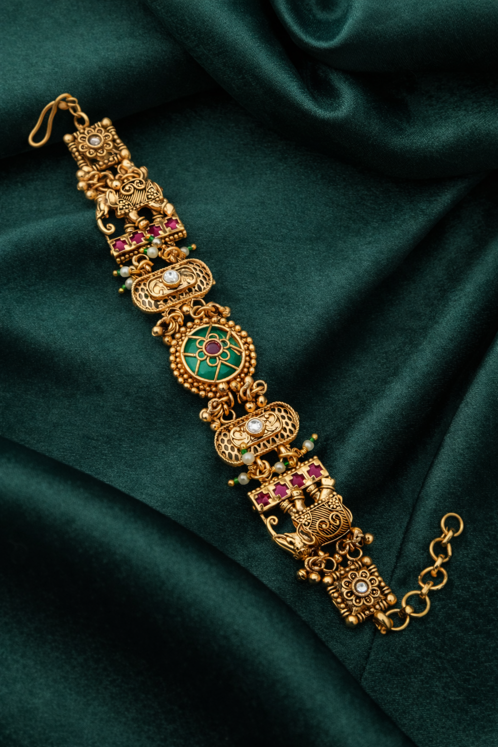 Antique Temple Art Gold Bracelet with Green Enamel & Ruby Stone Accents