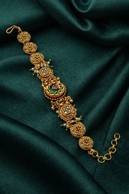 Antique Floral Gold Bracelet with Kundan & Green Enamel Center