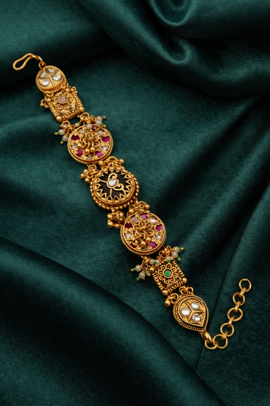 Royal Antique Gold Bracelet with Kundan, Enamel & Pearl Accents