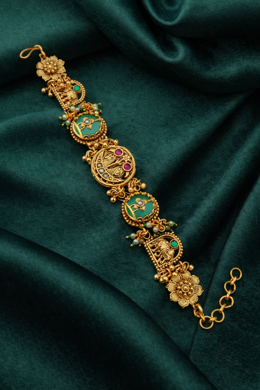 Antique Temple Design Gold Bracelet with Green Enamel & Ruby Accents