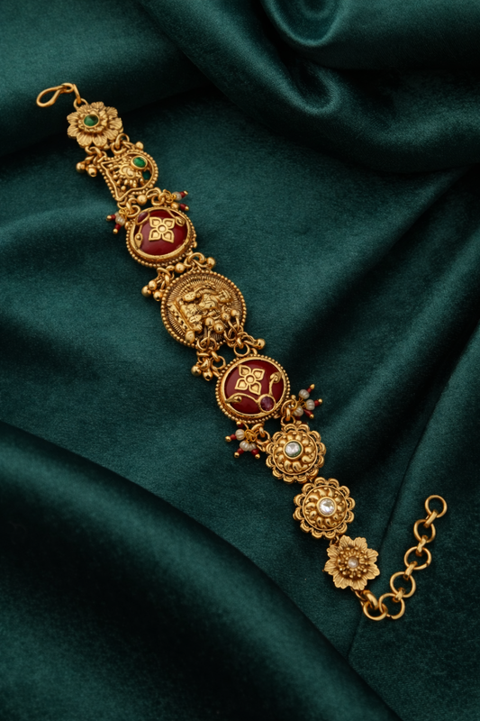 Antique Temple Coin Gold Bracelet with Red Enamel & Floral Motifs
