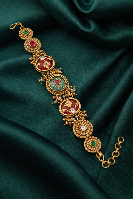 Traditional Antique Gold Bracelet with Red & Green Enamel Floral Motifs