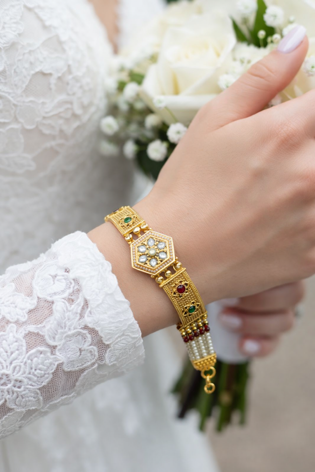 Royal Pearl Beaded Gold Bracelet with Ruby & Emerald Center Design