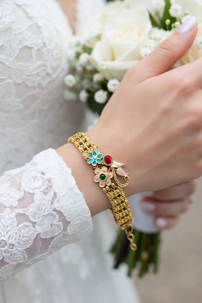 Elegant Floral Enamel Gold Bracelet with Multicolor Stone Accents