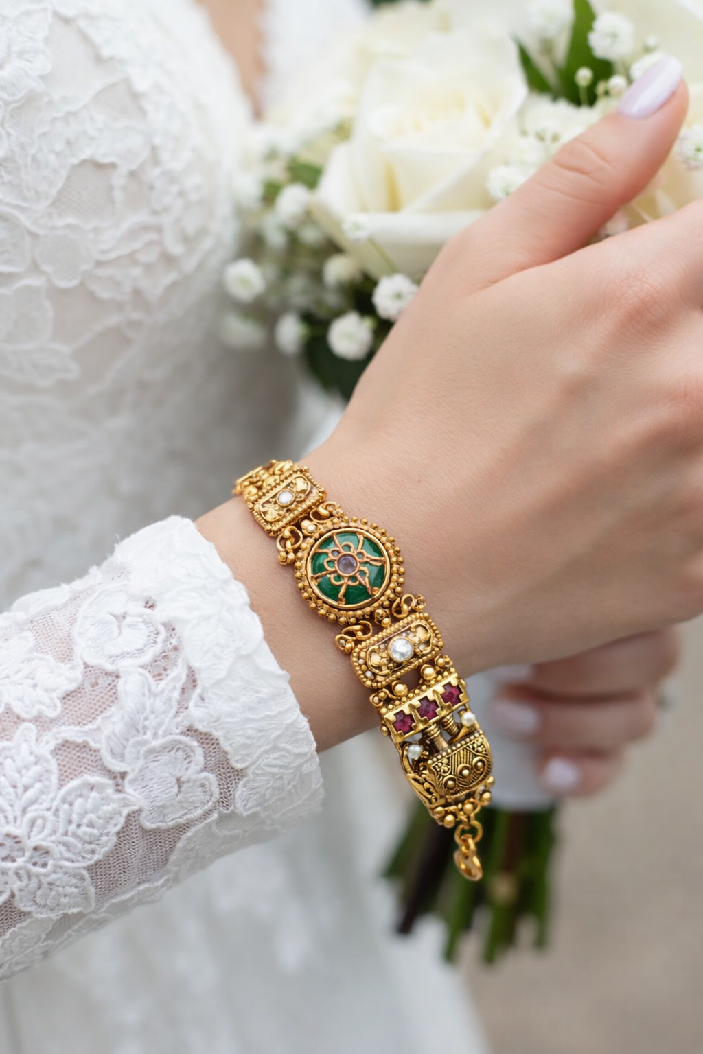 Antique Floral Gold Bracelet with Kundan & Green Enamel Center