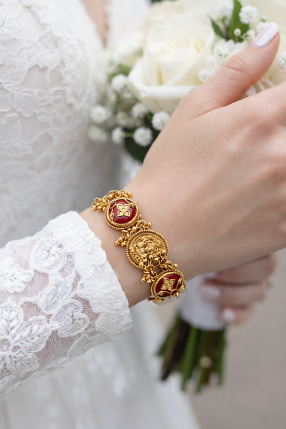 Antique Temple Coin Gold Bracelet with Red Enamel & Floral Motifs