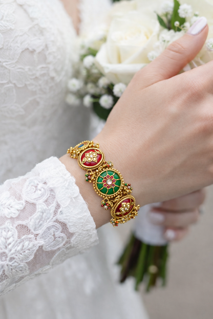 Traditional Antique Gold Bracelet with Red & Green Enamel Floral Motifs