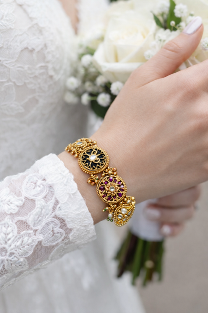 Royal Antique Gold Bracelet with Kundan, Enamel & Pearl Accents