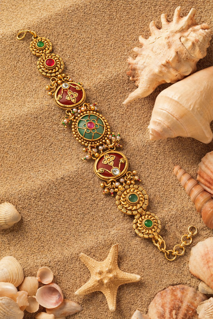 Traditional Antique Gold Bracelet with Red & Green Enamel Floral Motifs