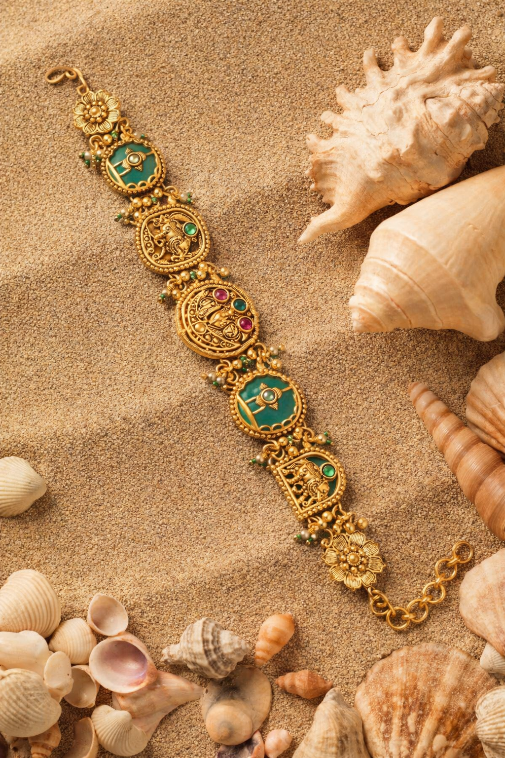 Antique Temple Design Gold Bracelet with Green Enamel & Ruby Accents