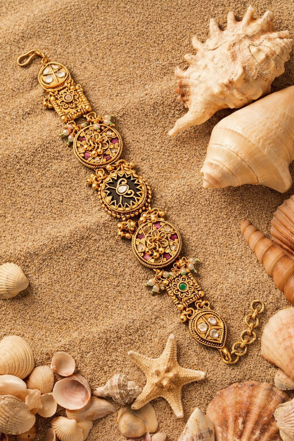 Royal Antique Gold Bracelet with Kundan, Enamel & Pearl Accents