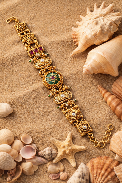 Antique Floral Gold Bracelet with Kundan & Green Enamel Center