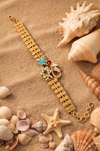 Elegant Floral Enamel Gold Bracelet with Multicolor Stone Accents